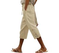 Pantalones Pirata Mujer Lino Verano Frescos Cómodo Elásticos Pantalón Deportivo 3/4 Shorts Respirable Pantalones con Palazzo Bolsillos Capris Pantalones Cortos de Algodón y Lino
