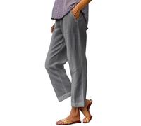 Pantalones Rectos elásticos con cordón Largo de Lino para Mujer Pantalones Casuales de algodón con Cintura Pantalón A Cuadros Mujer Wide Leg Pants Women Trousers (Grey, XXL)