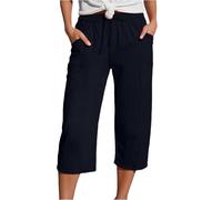 Pantalones rectos para mujer hasta la rodilla - Pantalones casuales de talla grande cortos Scrunch verano casa corte algodón y lino cómodos pantalones suaves cintura elástica cordón de sujeción Shorty