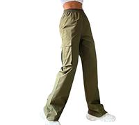 Pantalones sin cinturón para mujer, cintura alta, pierna ancha, pierna recta, estilo relajado, pantalones casuales, Verde militar., XS