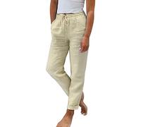 Pantalones Sueltos de Pierna Ancha de algodón y Lino de Color sólido de Cintura Alta elástica de Verano para Mujer Short Mujer Vestir Women Casual Looose Pants Mujer Trousers Pant (Khaki, L)