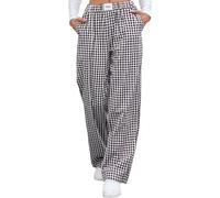 Pantalones tipo bóxer de algodón puro a rayas para mujer, pierna ancha, pijama, casual, lindos, cómodos, a cuadros, con bolsillos sueltos, Negro, S