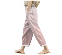 Pantalones Trabajo, Pantalones De Lino De Verano para Mujer Holgados con Bolsillos Cintura EláStica Pernera Ancha Estilo Retro Literario Color Liso Casuales Estilo Noveno