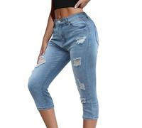 Pantalones vaqueros 3/4 para mujer, tallas grandes, pantalones capri para mujer, con goma elástica, pantalones vaqueros ajustados, pantalones vaqueros azules, pantalones de verano, pantalones de tela