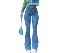 Pantalones Vaqueros Acampanados de Mezclilla de Talle Alto a Rayas Estilo Vintage para Mujer, elásticos, con bajo sin rematar, Color Azul Cielo, Talla Grande.