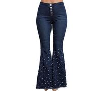 Pantalones Vaqueros Acampanados de Mujer con Botones Delanteros, bajo de Campana, Mezclilla elástica, Corte Ajustado, Efecto Levanta glúteos, Ribete Perlas, Azul Oscuro, Talla Grande