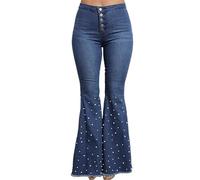 Pantalones Vaqueros Acampanados de Talle Alto para Mujer, con Botones Delanteros, bajo de Campana, Mezclilla elástica, Corte Ajustado, Efecto Levanta glúteos, Ribete Perlas, Color Azul, Talla Grande.