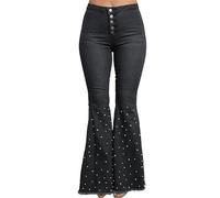 Pantalones vaqueros acampanados de talle alto para mujer, con botones delanteros, bajo de campana, mezclilla elástica, corte ajustado, efecto levanta glúteos, ribete perlas, color negro, talla grande.