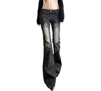 Pantalones Vaqueros Acampanados para Mujer Estilo Gótico Retro con Estampado De Plantas Moda Y2K De Primavera Y Otoño Tendencia Urbana Estilo Punk Cintura Alta Y Pierna Ancha (Negro,L)