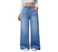 Pantalones Vaqueros Anchos de Mujer, de Talle Alto, elásticos, Holgados, con cordón Ajustable y Bolsillos, Color Azul Claro, Talla XL.