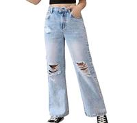 Pantalones Vaqueros Anchos para niñas, Pantalones Rasgados de Mezclilla Moda Casuales Cintura Alta elástica Vintage Azul con Bolsillos niñas