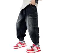 MEILONGER Pantalones Vaqueros Baggy para niños, con Cintura elástica, Moda Stretch, Pantalones de Mezclilla Tallas 8, 10-12, 14-16(24010 Negro-14-16)