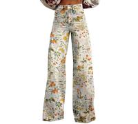Pantalones vaqueros de 70 años para mujer, cintura alta, holgados, de pierna ancha, estilo vintage, con flores, elásticos, para el tiempo libre, con bolsillos y trabillas para el cinturón, S-XL