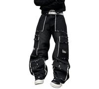 Pantalones Vaqueros de Hombre de Estilo gótico a la Moda Holgados Estilo Ropa de Skate Ropa de Trabajo Pantalones Vaqueros de Pierna Ancha con Bolsillos Patchwork y Bordado (Negro 2,XXL)