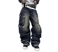 Pantalones Vaqueros de Hombre de Estilo gótico a la Moda Holgados Estilo Ropa de Skate Ropa de Trabajo Pantalones Vaqueros de Pierna Ancha con Bolsillos Patchwork y Bordado (Azul,XXL)