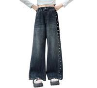 Pantalones vaqueros de pierna ancha para niñas, pantalones de mezclilla de cintura alta, cintura elástica, pantalones largos de estilo retro, pantalones casuales sueltos de moda, azul, 11-12 años