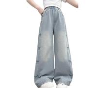Pantalones vaqueros de pierna ancha Y2K con cintura elástica y bonitos lazos, holgados, para niños, adolescentes, informales, a la moda, para la escuela, retro, con bolsillos, azul, 9-10 años