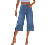 Pantalones vaqueros de pierna recta para mujer - Pantalones 7/8 Cropped De Algodón Y Lino Pantalón 3/4 Longitud De Cintura Media Pants Verano Ligeros Cigarrillo De Denim Elástico Pantagonna Casual