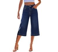 Pantalones vaqueros de pierna recta para mujer - Pantalones 7/8 Cropped De Algodón Y Lino Pantalón 3/4 Longitud De Cintura Media Pants Verano Ligeros Cigarrillo De Denim Elástico Pantagonna Casual