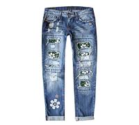 Pantalones vaqueros de pierna recta para mujer, pantalones rasgados estampados para mujer, pantalones holgados de cintura alta con bolsillo, elásticos, casuales, cómodos, pantalones holgados de 7/8 de