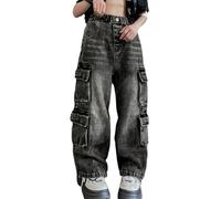 Pantalones Vaqueros Desgastados para Niño con Múltiples Bolsillos Holgados Estilo Urbano Retro de Pierna Recta y Ancha (Dark Gray, 4-5 Years)