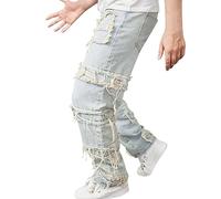 Pantalones vaqueros elásticos Destroyed Stretch Fit Jeans Skinny Hip Hop Denim Pantalones con agujeros para hombres Pantalones vaqueros rasgados negros Vintage Casual Jeans Patchwork Jeans, Azul claro