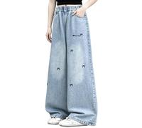 Pantalones vaqueros holgados de pierna ancha para niña, cintura alta elástica, bordados, pantalones de mezclilla casuales con bolsillos, para adolescentes, niños, Y2K, ropa de calle, ropa de moda
