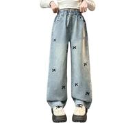 Pantalones vaqueros holgados para niñas, ropa de calle, pantalones cargo de mezclilla desgastados, elásticos, cintura alta, pierna ancha, ropa de 5 a 16 años y pantalones para niñas, azul claro, 13-14
