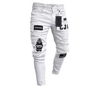 Pantalones Vaqueros Hombres Rotos Pitillo Slim Fit Skinny Pantalone Casuales Elasticos Agujero Pantalón Personalidad Jeans de Insignia Blanco XL