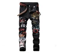 Pantalones vaqueros para hombre bordados con pierna destrozada en aspecto desgastado, informales, estrechos, rectos para motoristas, relajados, cómodos y desgarrados, Negro-1., 36