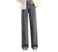 Pantalones vaqueros para mujer, cintura alta, pierna recta, pantalones vaqueros gruesos con forro, pantalones de chándal de pierna recta, pantalones vaqueros holgados, cómodos, pantalones de ocio