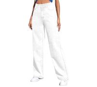 Pantalones vaqueros para mujer, cintura elástica, corte recto, talla grande, 50/52 vaqueros, cintura elástica, pantalones rasgados para viajes, agujeros, holgados, piernas grandes, agujereadas, blanco