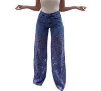Pantalones vaqueros para mujer de pierna ancha, pantalones vaqueros con encaje patchwork holgados Y2K, pantalones palazzo de cintura alta, pantalones sexies, pantalones de cadera elegantes, pantalones