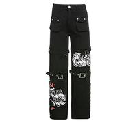Pantalones vaqueros Street estilo mujer impresión cool pierna pantalones loop Low Flat Gothic-Washed Pantalones negros chaleco largo mujer, Negro , M
