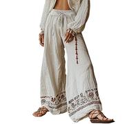 Pantalones Verano Mujer De Lino Holiday Style Retro Linen Ethnic Print Casual Pants For Women - Comfortable Relaxed Fit Perfect For Summer Beach and Vacation Pantalones Mujer Verano Comodos (White S)