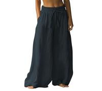 Pantalones Verano Mujer Largos Ancho Holiday Style Retro Linen Ethnic Print Casual Pants For Women - Comfortable Relaxed Fit Perfect For Summer Beach and Vacation Pantalon Verano Mujer (Navy XXL)