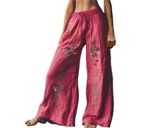 Pantalones Verano Mujer Largos Elasticos Holiday Style Retro Linen Ethnic Print Casual Pants For Women - Comfortable Relaxed Fit Perfect For Summer Beach and Pantalon Verano Mujer (Hot Pink S)