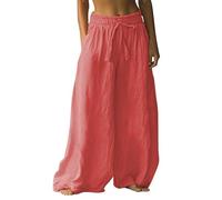 Pantalones Verano Mujer Largos Holiday Style Retro Linen Ethnic Print Casual Pants For Women - Comfortable Relaxed Fit Perfect For Summer Beach and Vacation Pantalon Ancho Mujer Verano (Hot Pink L)