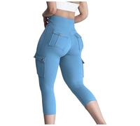 Pantalones Yoga Mujer Leggings Capri Cargo de Mujer con Bolsillos Tácticos Cintura Alta y Tecnología Levantacolas para Entrenamiento y Vida (Light Blue, XL)
