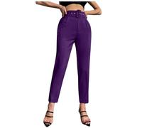 Pantaloni Casual da Donna con leggera elasticità Cintura in Vita Slim fit Decorazione Pantaloni Corti a gamba dritta Tinta Unita (Purple, M)