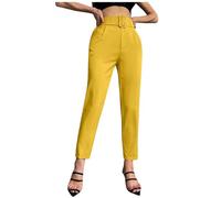 Pantaloni Casual da Donna con leggera elasticità Cintura in Vita Slim fit Decorazione Pantaloni Corti a gamba dritta Tinta Unita (Yellow, XL)
