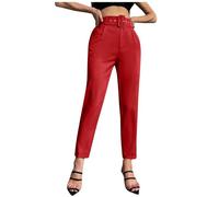 Pantaloni Casual da Donna con leggera elasticità Cintura in Vita Slim fit Decorazione Pantaloni Corti a gamba dritta Tinta Unita (Red, M)
