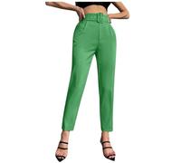 Pantaloni Casual da Donna con leggera elasticità Cintura in Vita Slim fit Decorazione Pantaloni Corti a gamba dritta Tinta Unita (Green, XXXL)
