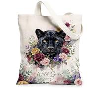Panther - Bolsa de lona para mujer, diseño bohemio inspirado en la naturaleza, flores, hojas, ninguno negro, lavable, reutilizable, pequeño, ideas para compras, viajes, oficina, biblioteca, casual, 13