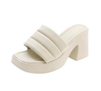 Pantoletten Damen mit Fußbett Sandaletten High Heels Blockabsatz Super bequeme Plateau Strandschuhe Einfarbig vielseitig Outdoorsandale Anti-Rutsch Outdoor Ultraweiche Hausschuhe, Blanco, 37 EU