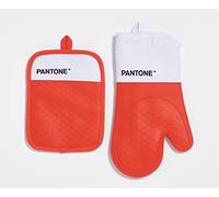 Pantone™ - Juego de Cocina Compuesto por Guante de Horno + agarrador, de algodón con Agarre Antideslizante de Silicona - Útiles Accesorios de Cocina Resistentes al Calor hasta 250 °C - Blanco/Rojo