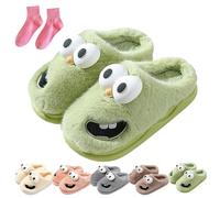 Pantuflas de besos para parejas, divertidas y antideslizantes con lengua de perro de ojo grande, zapatos de forro polar mullido para invierno, Green, 40.5/41 EU