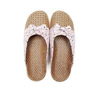 Pantuflas de casa tejidas blancas con estampado de estrella negra, forma plana de punta abierta, plantilla de aspecto de paja natural, estilo casual para interiores, para climas cálidos, para atuendos