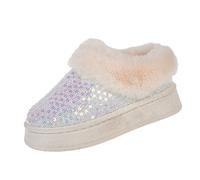 Pantuflas de espuma viscoelástica para mujer, botas de nieve de invierno con forro polar, botas de tobillo cómodas para mujer, zapatos elegantes y con purpurina con suela interior y exterior, White
