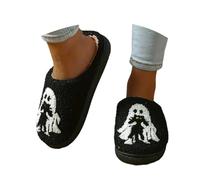 Pantuflas de felpa para mujer, con temática de Halloween, patrones de dibujos animados, zapatos de casa, cálidas, antideslizantes, para interiores y exteriores, calzado cómodo para todo el día, Black